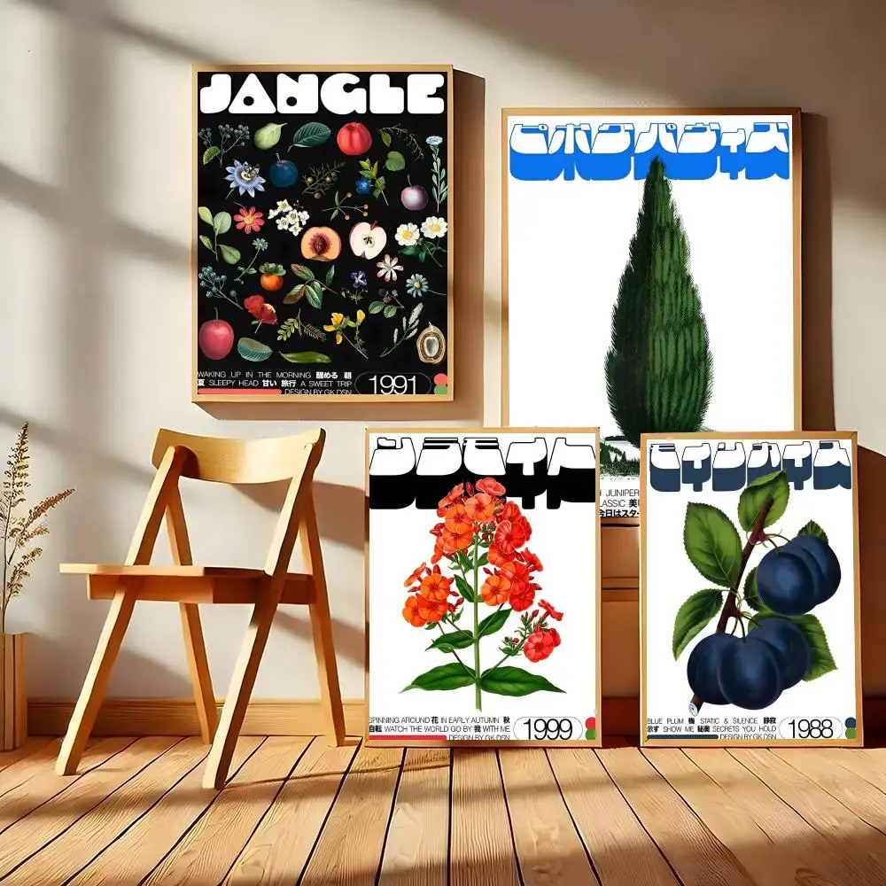 Japoński Plakat Vintage z Różami, Owocami i Drzewami, Łatwy w Montażu, Samoprzylepny, Dekoracja Ścienna HD, Wodoodporny, Odporny na Rozdarcia, Do Domu, Sypialni