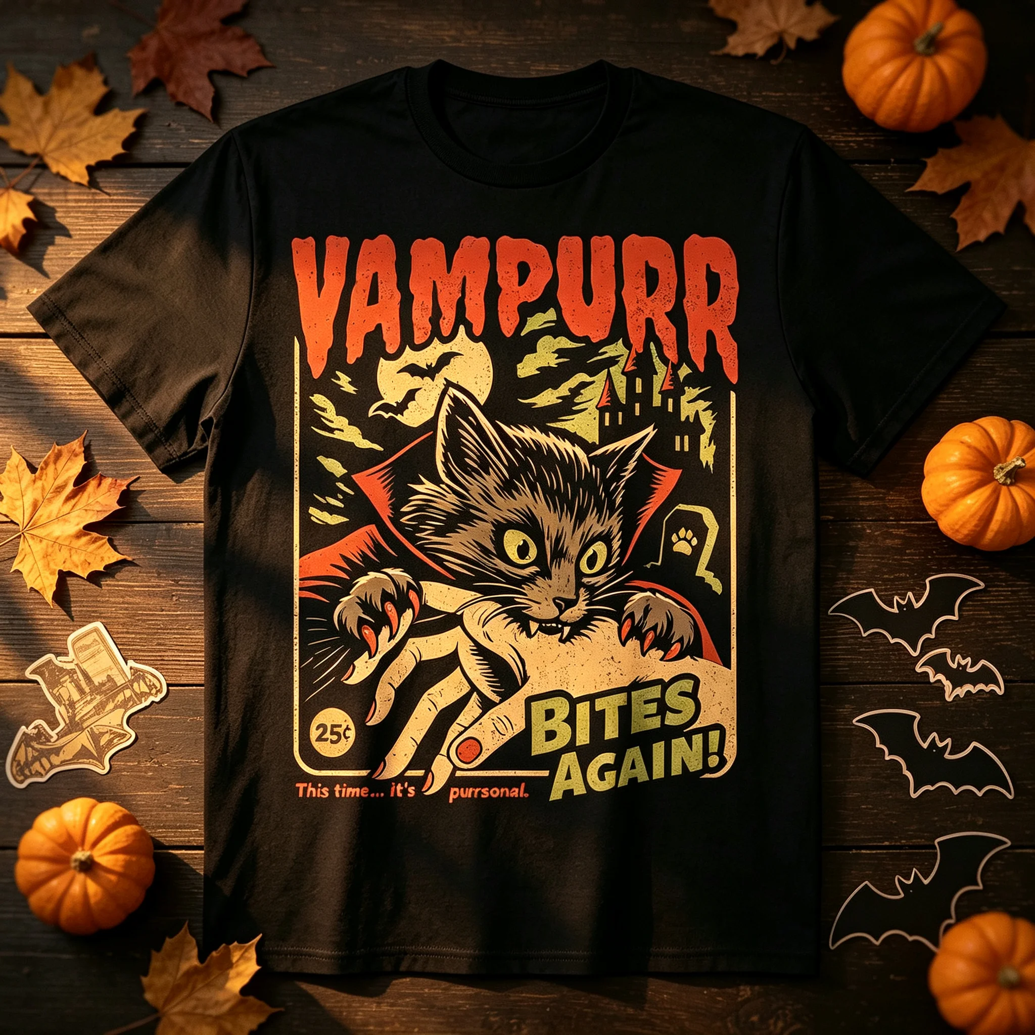 Vampurr Bites Again Halloween T-Shirt, Retro Vintage Vampirkatzen-Grafik-T-Shirt, Gruseliges Horror-Fledermaus-Schloss Sarkastisches Herbst-Herren-Shirt – Detail 6