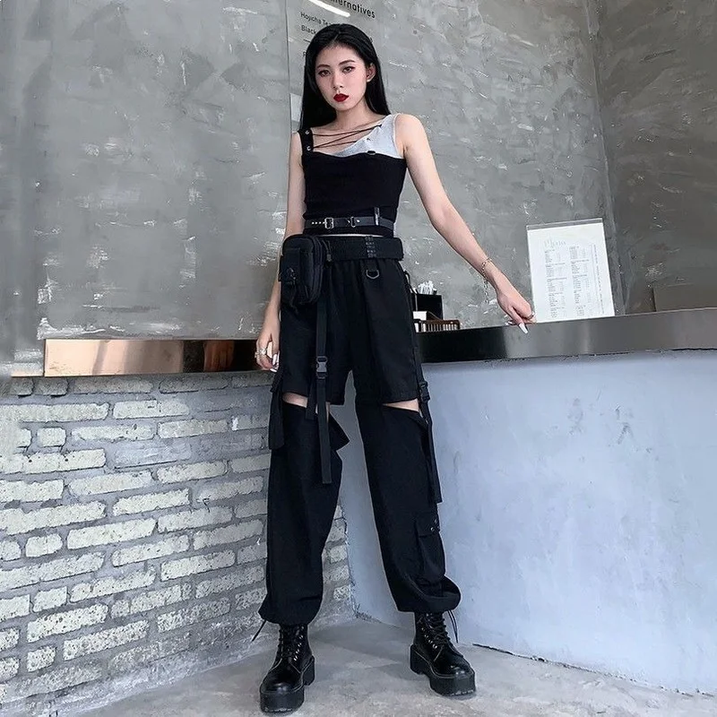 Korean Detachable Y2k Pants Casual Loose Solid High Waist Patchwork Hollow Out Pantalones 2022 Draw String Punk Wide Leg Pant