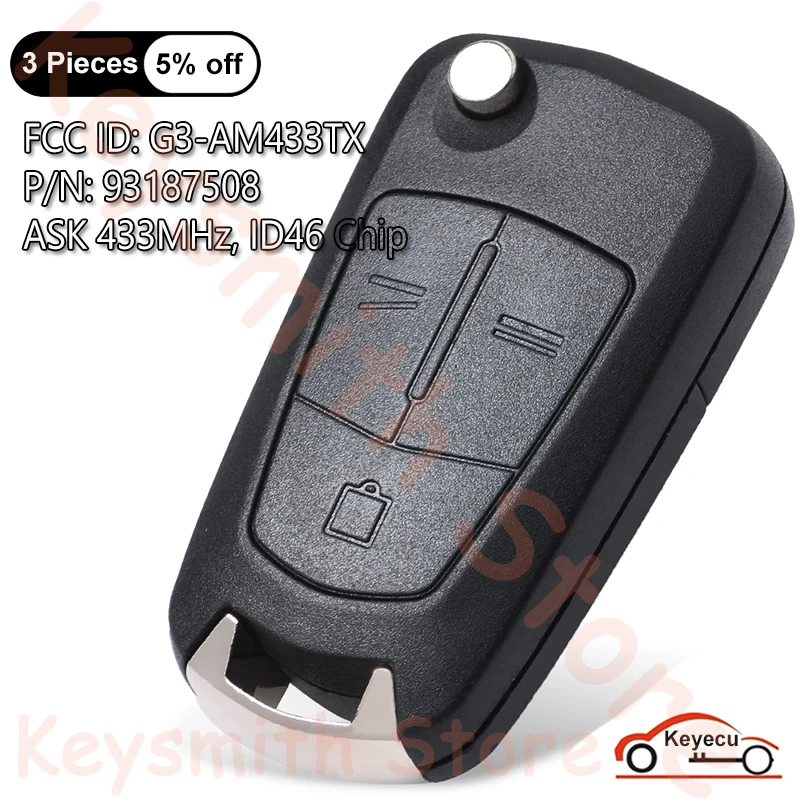 

KEYECU 3 Buttons ASK 433MHz ID46 Chip for Opel Vauxhall Vectra C 2002-2008 Signum 2003-2007 Auto Flip Remote Key Fob G3-AM433TX