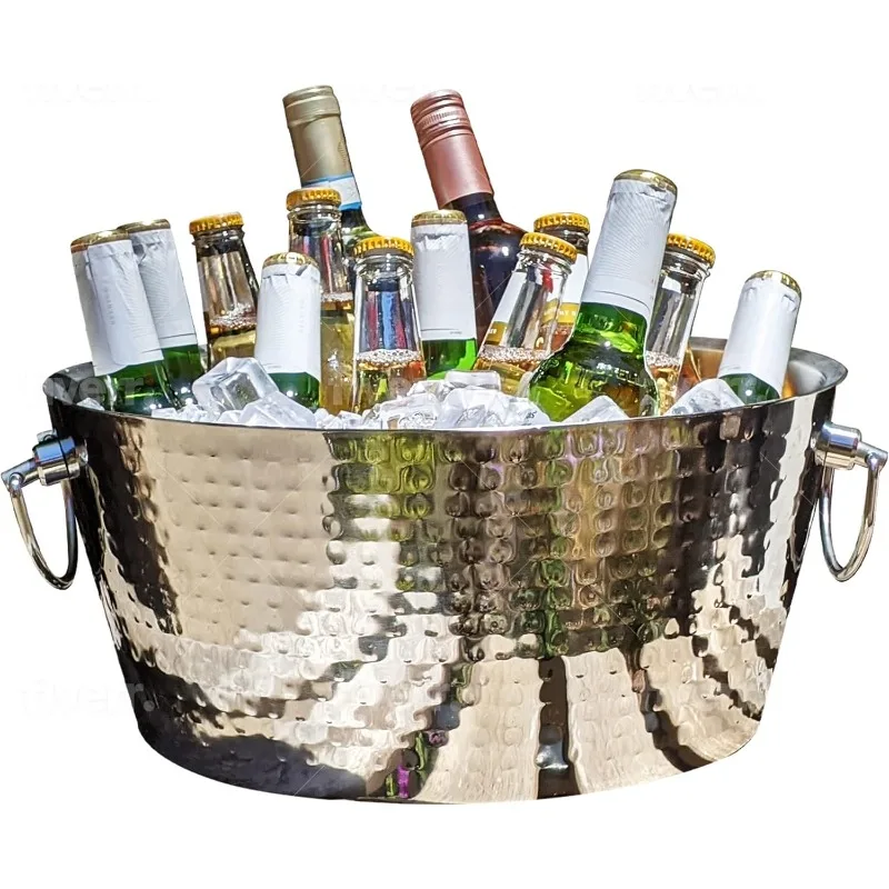 Hammered Stainless-Steel Beverage Tub, Double-Walled Insulated Anchored Drink Tub & Ice Bucket with Double Hinged Handles