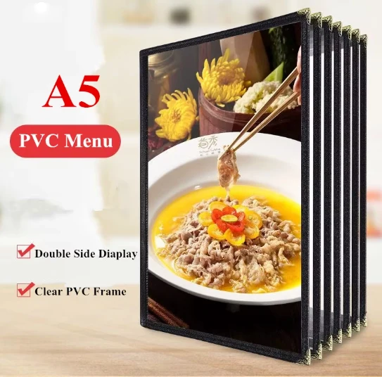 A5 Double Fold Menu Sleeves Books Restaurant Recipe Menu Paper Covers PVC Poster Frame With Protective Corners