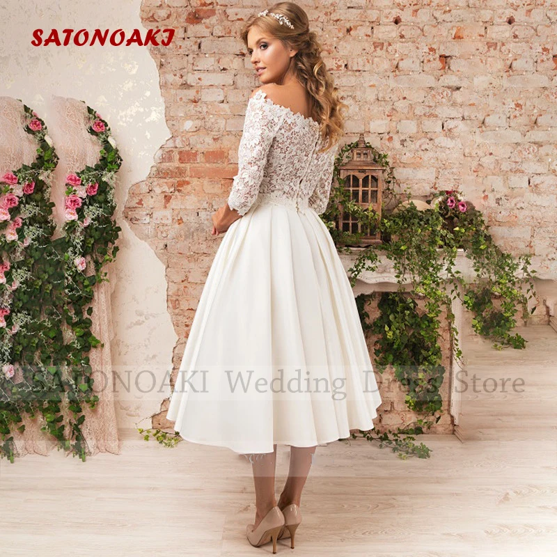 Vestido De Novia corto De satén con hombros descubiertos para mujer, elegante Vestido De Novia con bolsillos, línea A, largo hasta el té