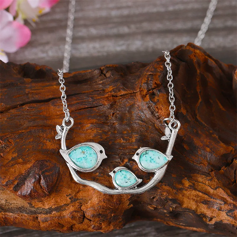 DIY accessories Fashion new sky blue three sparrow necklace earrings, cross-border retro personalized creative simple jewelry wh