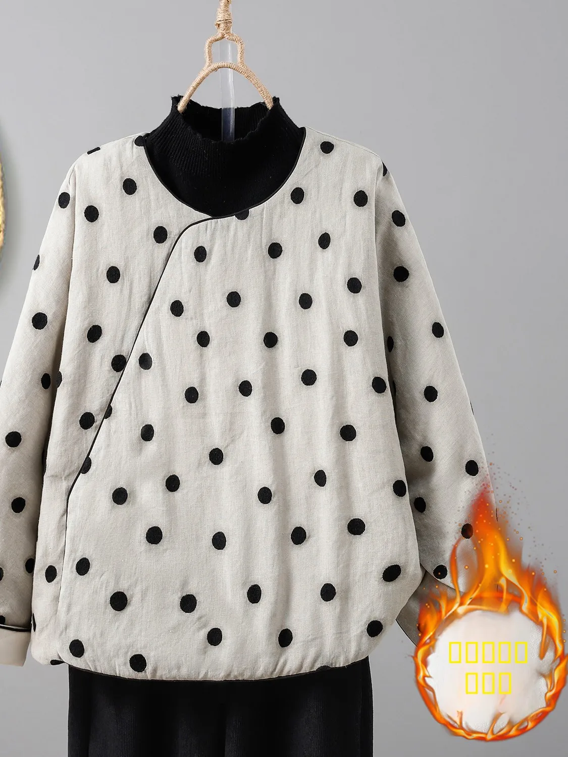 

Зимняя свободная хлопковая женская кофта с круглым вырезом и принтом в горошек, теплый топ в китайском стиле, утепленный, с длинными рукавами, в художественном стиле