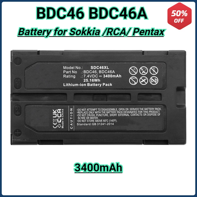 3400mAh Battery BDC46 BDC46A for Sokkia SCT6 Total Stations SET230R SET300 SET330 SET530 BDC-46B 40200040 7380-46 RCA PRO-V730