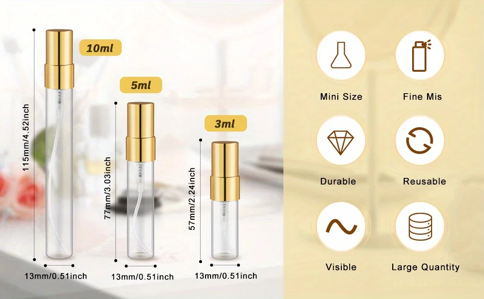 40 Stück 5ml/10ml Mini-Sprühflaschen aus transparentem Glas, ausgestattet mit goldenen Aluminium-Düsen, wiederverwendbar, feines Sprühdesign, geeignet – Detail 2