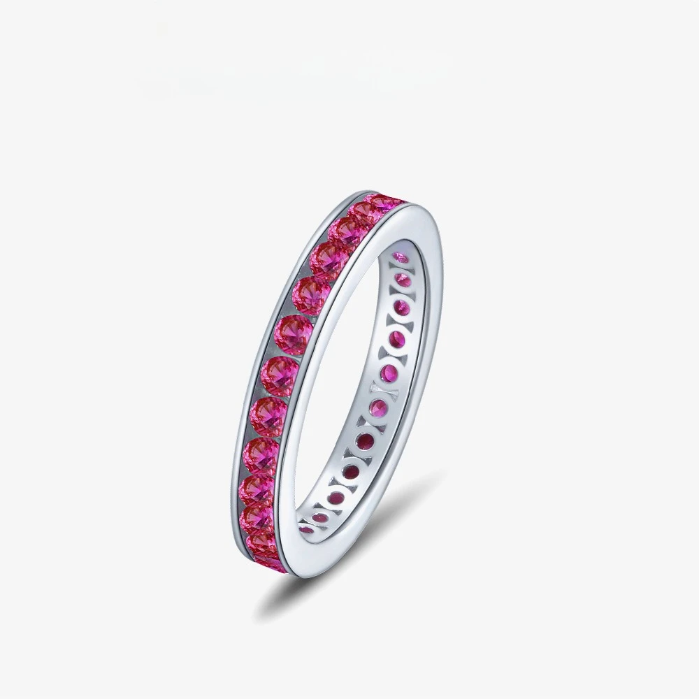 

New S925 Silver Inlaid Red Gemstone Round 2.25mm Slim Women's Ring with Finger Length Display, Wedding Jewelry