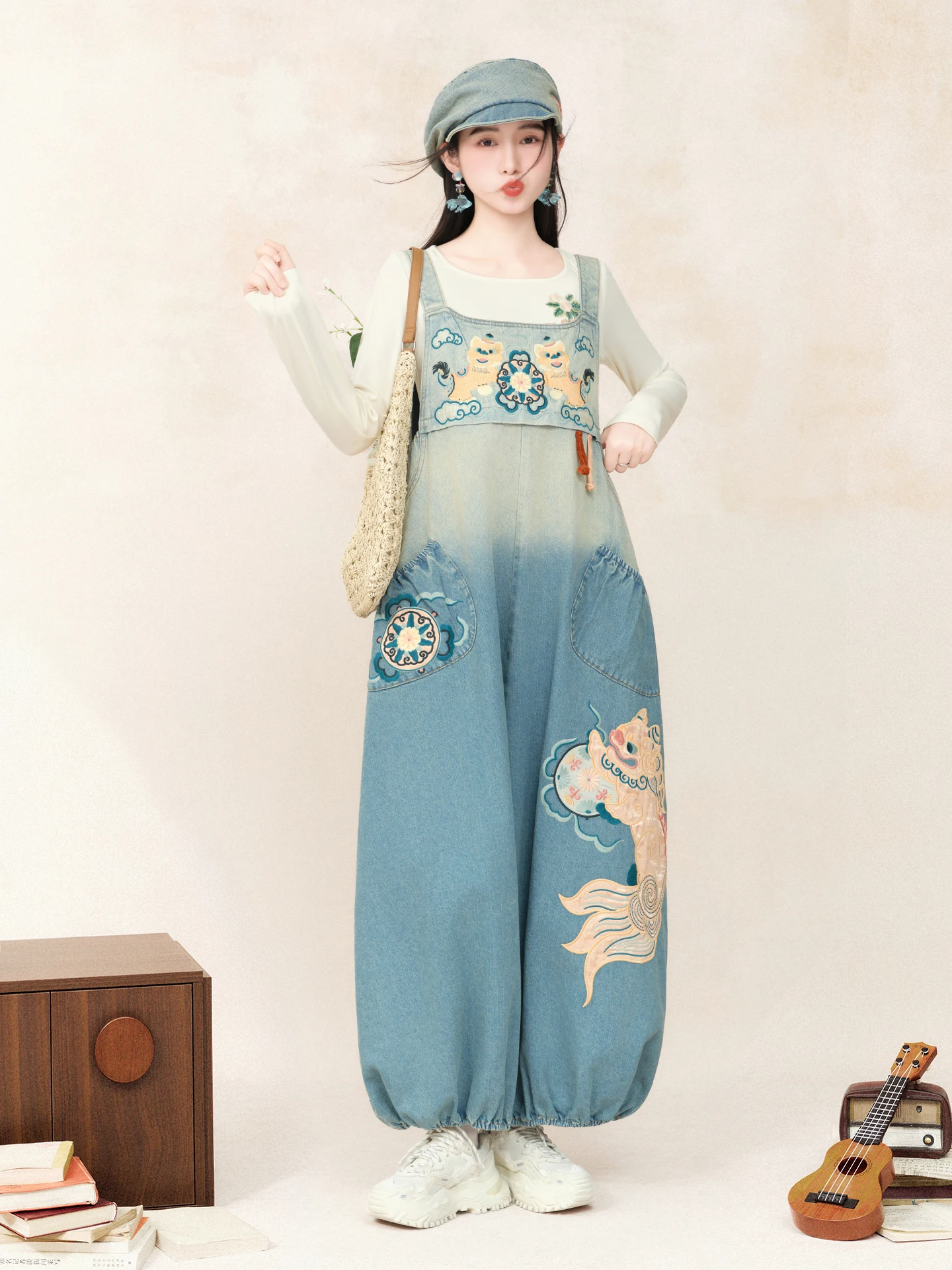 

Original Design Spring Loose Denim Overalls Women's Lantern Pants Embroidery Fashion Cotton Blend Straight Leg Trousers