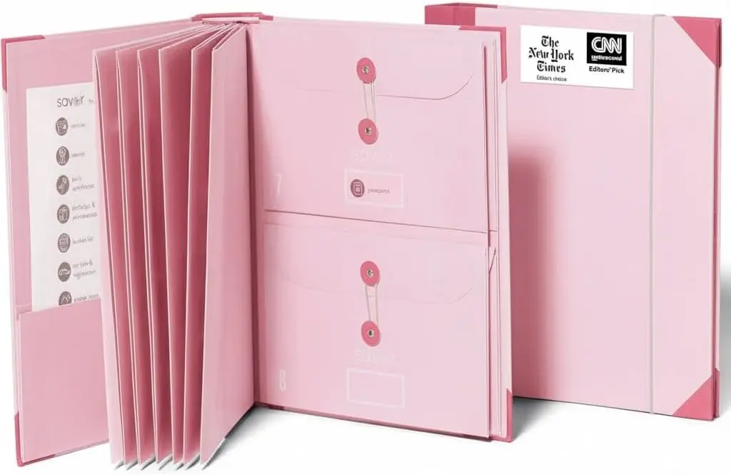 

Премиальный органайзер-аккордеон без кислотных вредных веществ, в тканевой обложке, с 10 расширяемыми карманами для домашних документов, розовый