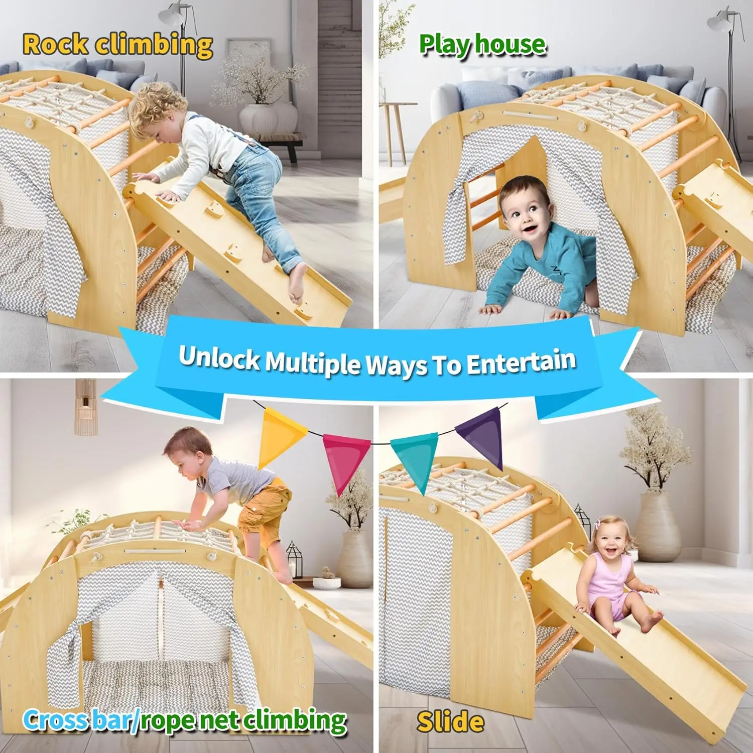 Jouets d'escalade pour tout-petits, 1 grimpeur d'arc avec 2 rampes pour coulisser ou monter, maison de gymnastique de jeu en bois d'intérieur avec coussin de tente et faire