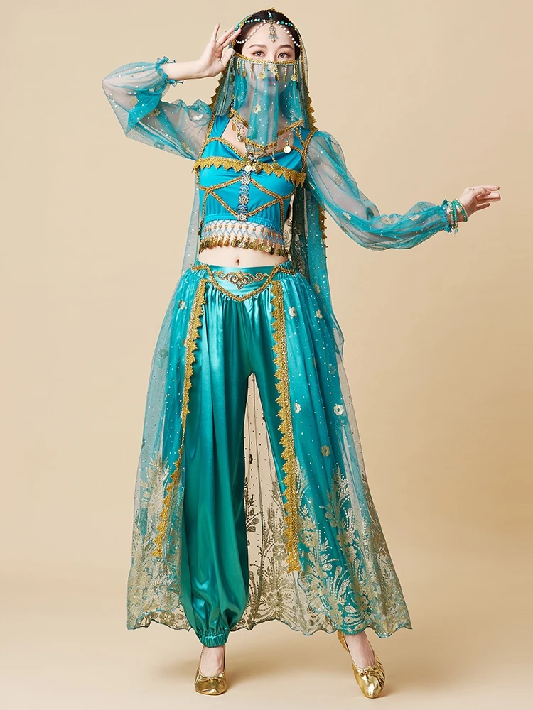 

Экзотический костюм для танца живота Princ Jasmine с длинными рукавами, комплект для выступлений, этнический наряд для девочек, традиционный костюм для сценических выступлений