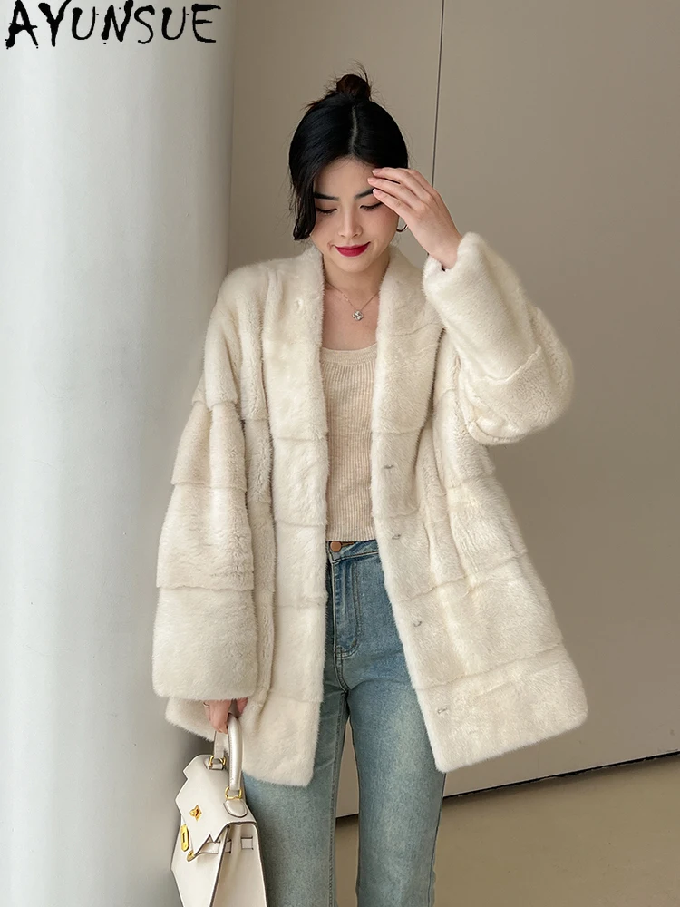AYUNSUE Natural Velvet Mink Fur Jacket Woman V-Neck Luxury Whole Mink Coat for Woman Clothing 2025 High Quality Кофта С Мехом