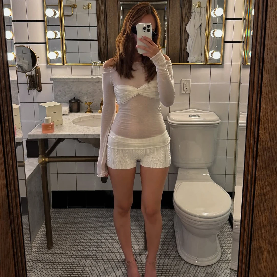 Tuularose Mesh Sheer Off-Shoulder Top Shirt Women New Long Sleeve See-Through Lace Knit Pullover Tops Summer Mesh Top Tee Shirt