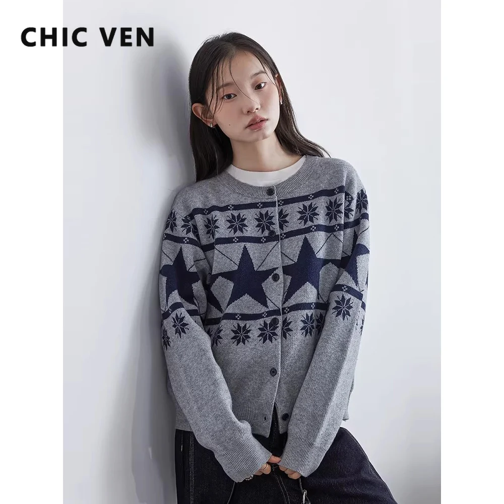 

Женские кардиганы CHIC VEN в корейском стиле, с контрастным жаккардовым узором, круглым вырезом, повседневные свитера, однобортные вязаные джемперы для женщин, осень-зима 2026