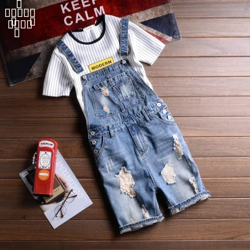 

Летние легкие джинсовые комбинезоны мужские рваные молодежные повседневные брюки-шорты, джинсы на бретелях для пар, облегающие брюки-шорты на 5/8 длины