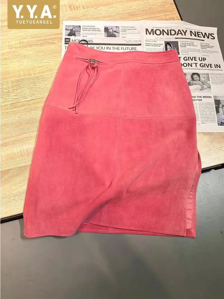 

Элегантные осенне-зимние замшевые юбки из натуральной кожи, вечерние повседневные юбки с высокой талией из натуральной овчины для работы, женская юбка длиной до колена с разрезом по бокам