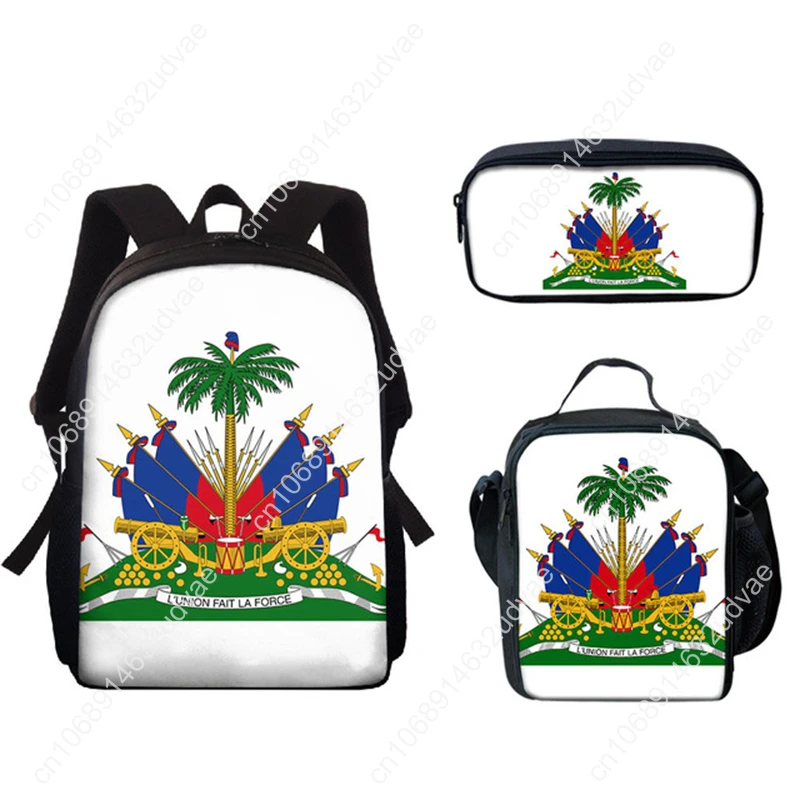 Popular Youthful Haiti Flag 3D Print 3pcs/Set Student Travel bags Laptop Daypack Backpack Lunch Bag Pencil Case