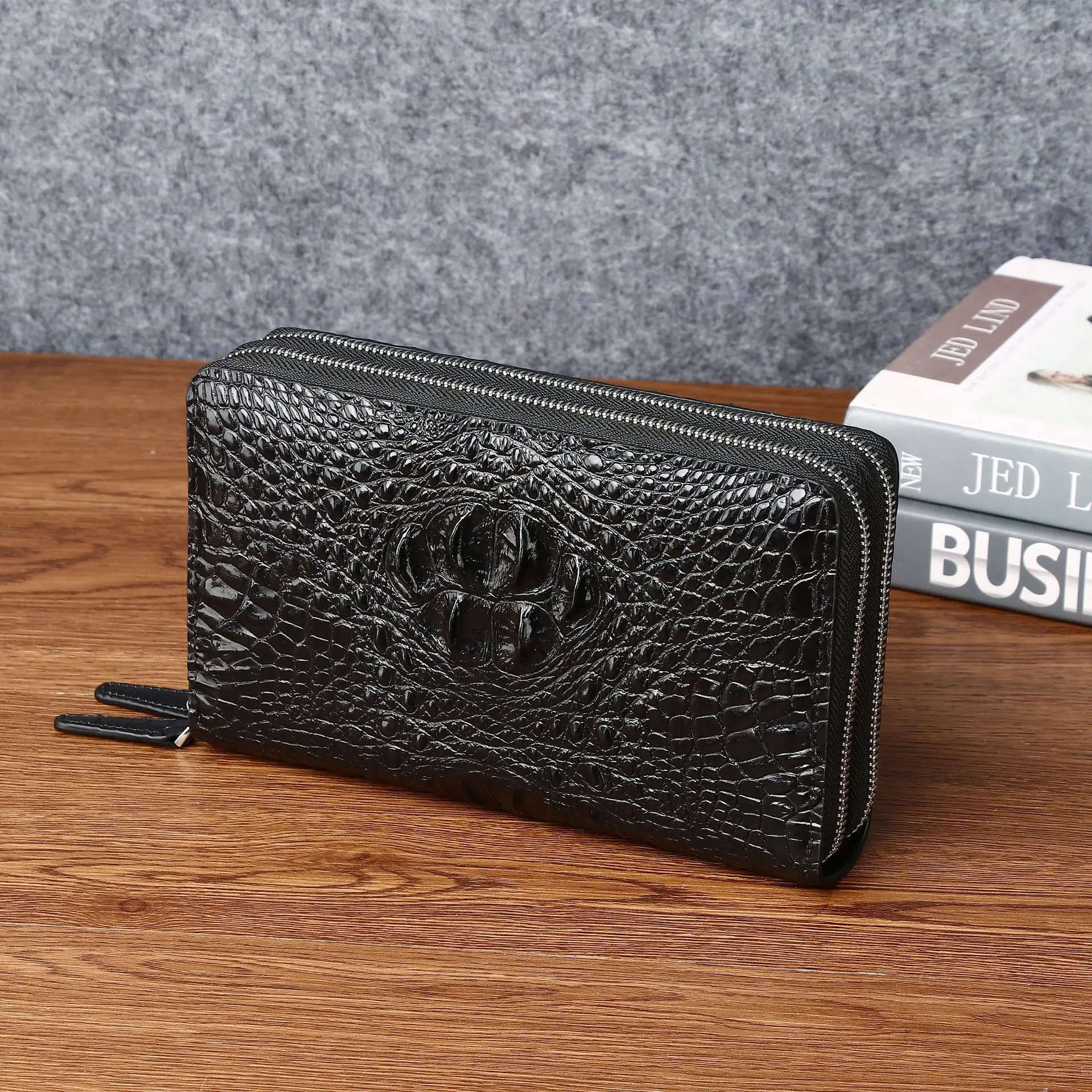 Men's Genuine Leather Crocodile Embossed Clutch Bag Luxury Double Zipper Large Capacity Multi-Function Multi-Card Wallet Handbag
