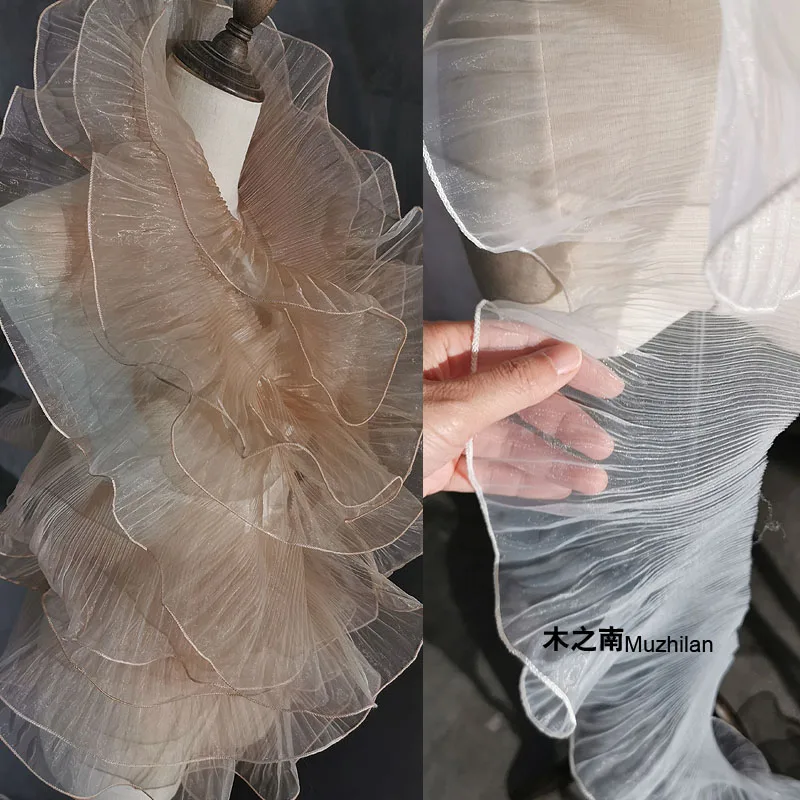 White Plain Transparent Ruffled Fabric Matte Wave Large Lace 3D Pleated Perspective Wedding Dress Apparel Design Wholesale Cloth