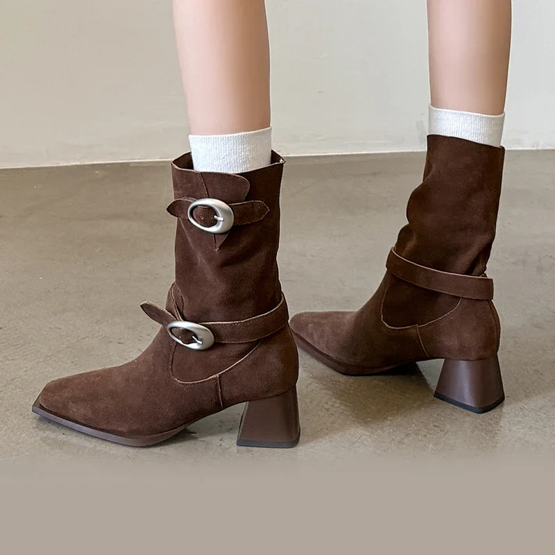 

Solid Color Belt Buckle Decor Retro Short Botas Women Square Toe Cow Suede Thick Heels Ankle Boots Autumn Winter Modern Boots