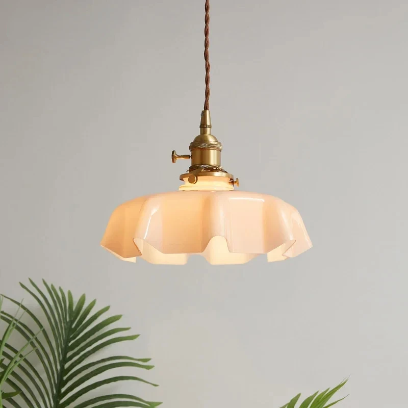 

Retro French Glass Pendant Light Lustre For Dining Room Homestay Restaurant Balcony Bedside Aisle Bay Window brass ceiling lamp