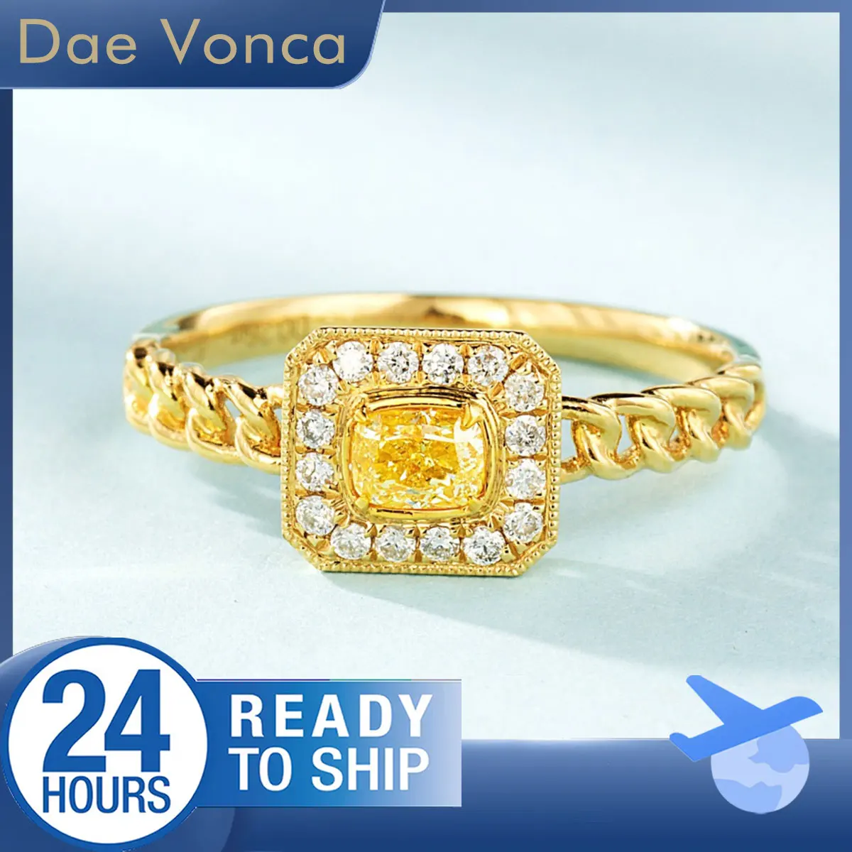 

Cushion Natural Yellow Diamond Ring 18K Yellow Gold Milgrain White Diamond Halo Ring Chain Link Shank Colored Diamond Ring