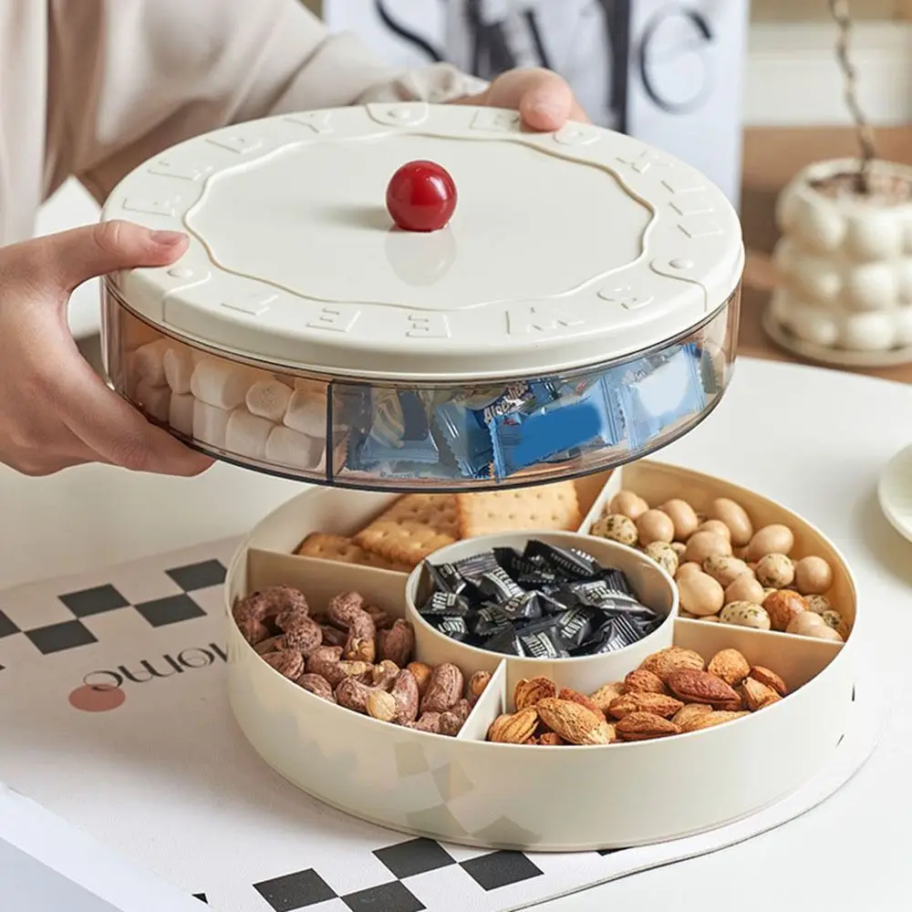 

Light Luxury Plastic Candy Storage Box Double Layer Round Divided Serving Tray with Lid Nut Snack Box Kitchen