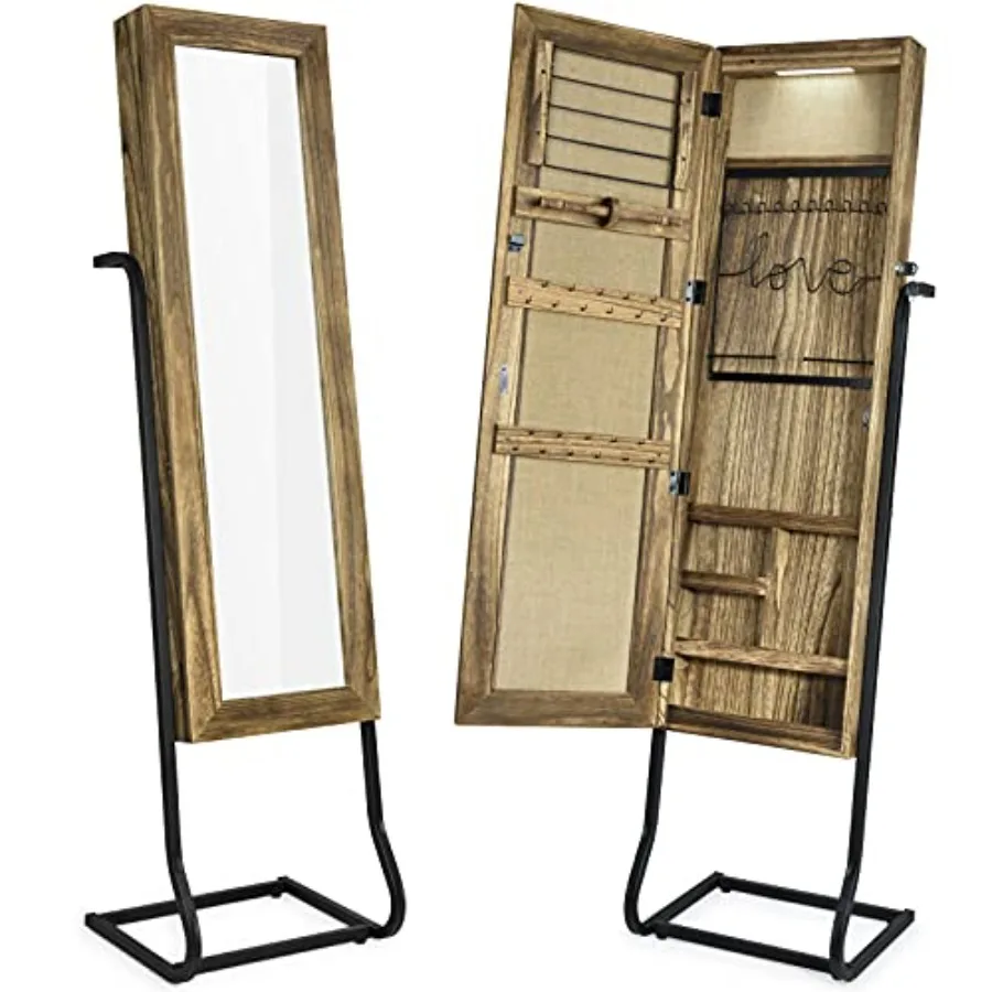 

Jewelry Armoire Cabinet Solid Wood Standing Jewelry Organizer with Full Length Mirror Carbonized Black