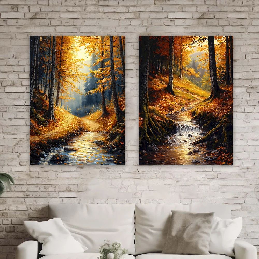 Enchanting Autumn Forest Wall Art Poster Golden Leaves & Serene Stream Prints Nature Landscape Home Decor Canvas Painting
