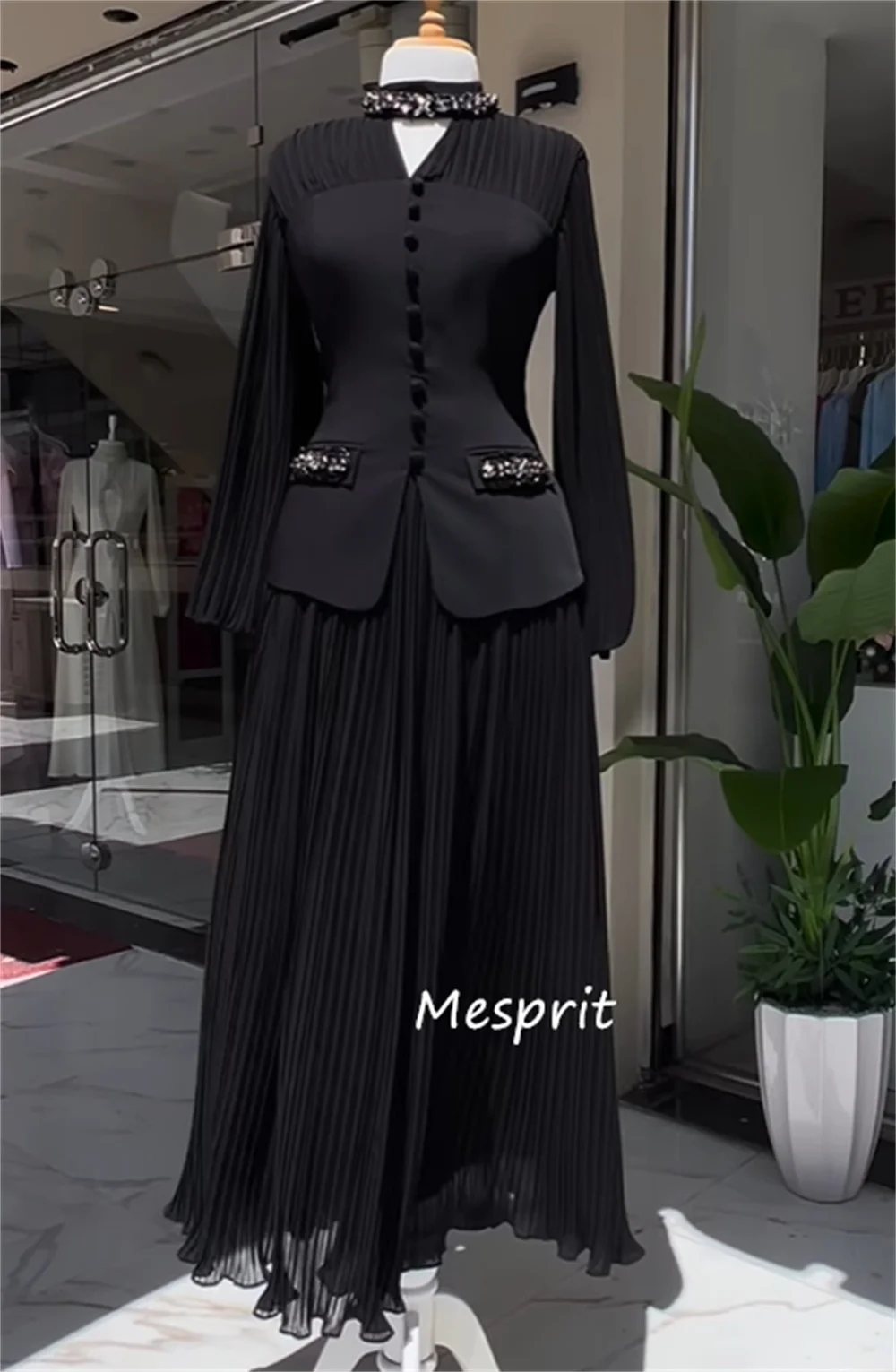 Customized Exquisite Jersey Pleat Sequined Button A-line V-neck Long Dresses Bespoke Occasion Sizes Available - Image 3
