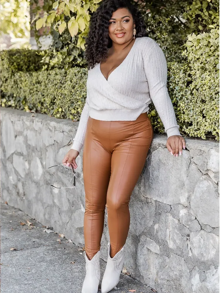 Coffee PU Matte Leather Pants for Women, High Waist Skinny Pants, Ladies Casual Fashion Pencil Pants, Customiz, Plus Size, 5XL