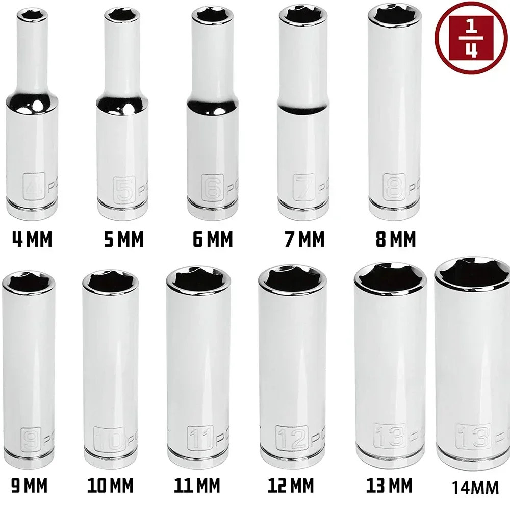 11 Pieces Metric Long Chrome Socket Set 6‑Point Deep Socket 1/4 Inch Drive 4mm To 14mm Professional Grade Hand Repair Tool