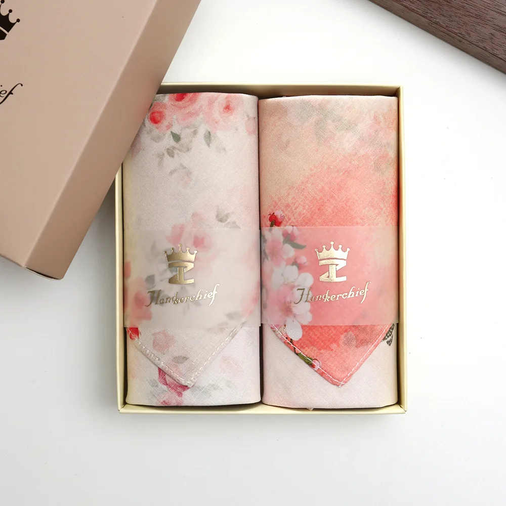 34cm Combed Cotton Women Handkerchief Gift Box, Thin Soft Vintage Floral Printed Hanky Wedding Guest Souvenir Favor