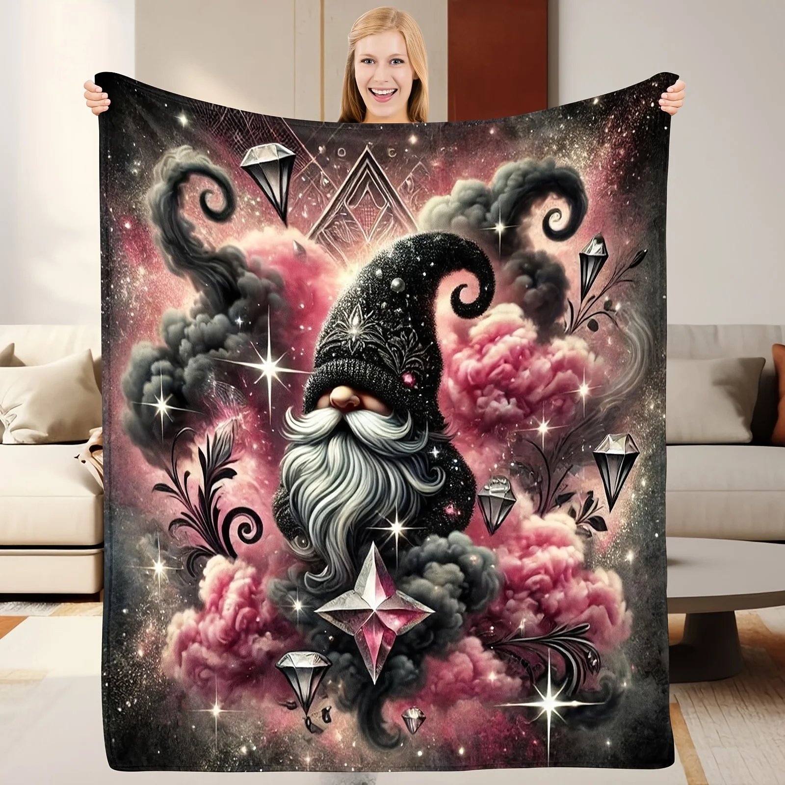 1pc Mystical Gnome Printed Throw Blanket, Soft Warm  Flannel All‑Season Blanket, Fantasy Art Home Decor for Bedroom