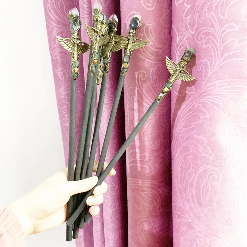 Black Wooden Stick Citrine Crystal Fairy Wand Stick Egyptian Pharaoh Pendant Bronze Resin Crafts Stone Beads Wood Scepter 1pc