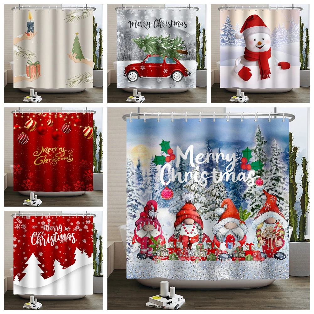 Merry Christmas Shower Curtain Winter Snowmen Christmas Tree Red Balls Decor Bath Curtains Waterproof Bathtub Screen with Hooks