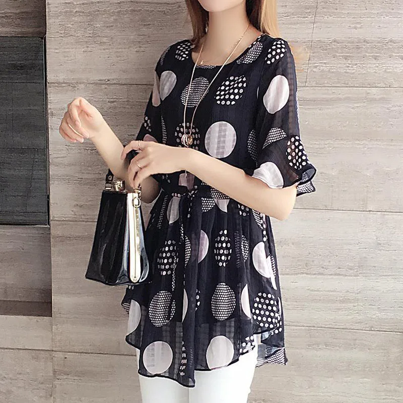 Casual Fashion Women\'s Polka Dot Print Chiffon Tops Summer New Korean Female Lacing Waist Butterfly Sleeve Loose O-Neck T-shirt