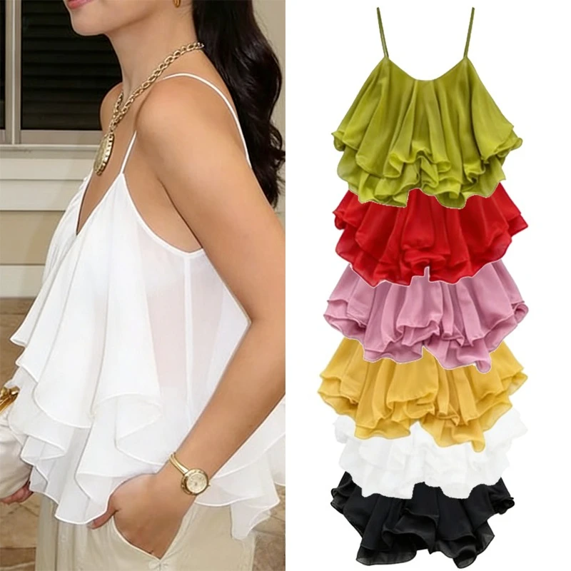 Lightweight Chiffon Spaghetti Strap Crop Top Women's Summer Ruffled Flowy Short Cami Casual Daily Party Tanks Sleeveless Blouse