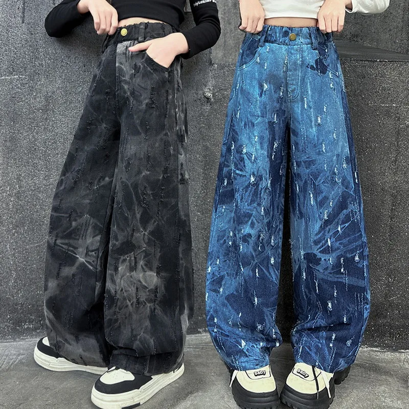 

Young Girls Fashion Tie Dye Jeans High Quality Straight Denim Wide Leg Pants For Kids Clothes Casual Loose Children's Trousers