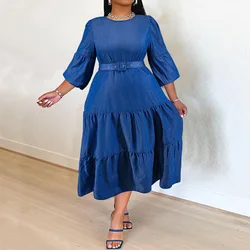 Plus Size Solid Jean Dresses Casual Denim Loose Skirt Lady Fashion Elegant Cloth With Belt 2025 Spring Robe Design Party Dress