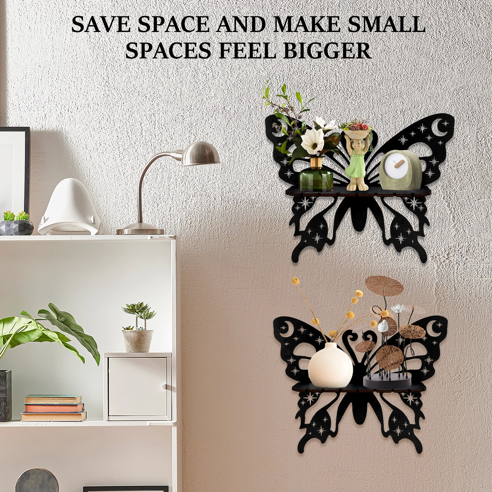 2Pcs Wall Mounted Floating Shelf Hollow Wooden Shape Butterfly Crystal Display Rack for Home Crystal Holder Wall Decoration