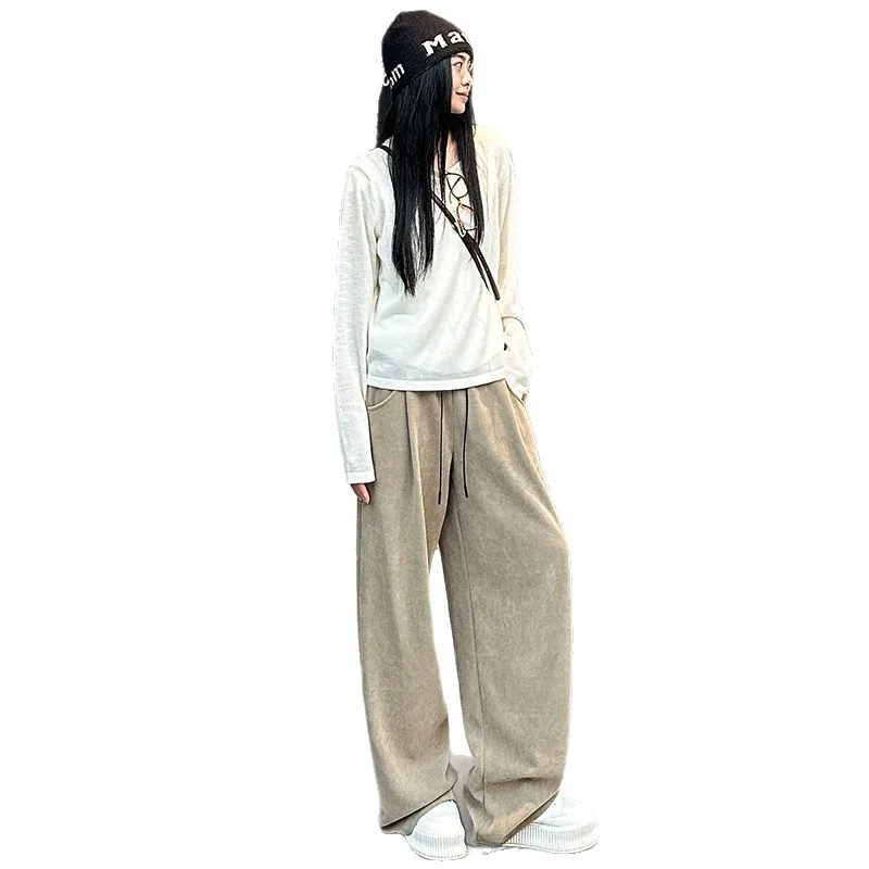 กางเกงขายาวผ้าฟลีซคอร์ดูรอยทรงตรงเอวสูงสำหรับผู้หญิง สไตล์ลำลอง กางเกงวอร์มขายาวเอวสูงทรงขากว้าง