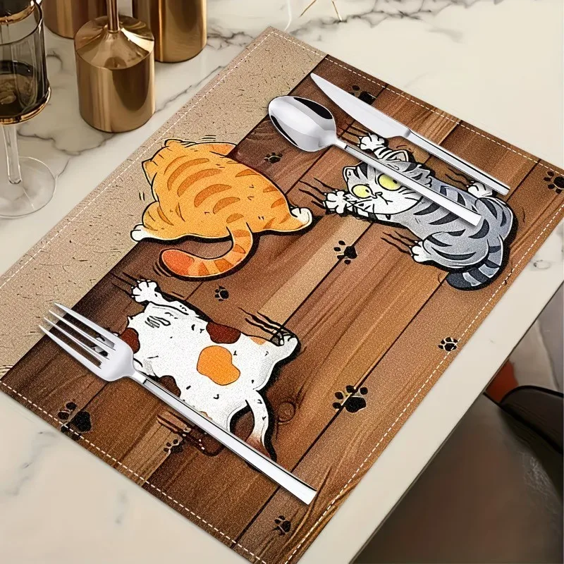 Fun Cat Tablemats Three Cats of Different Colors Scratch Wooden Board Pattern Placemat Full of Life And Cuteness