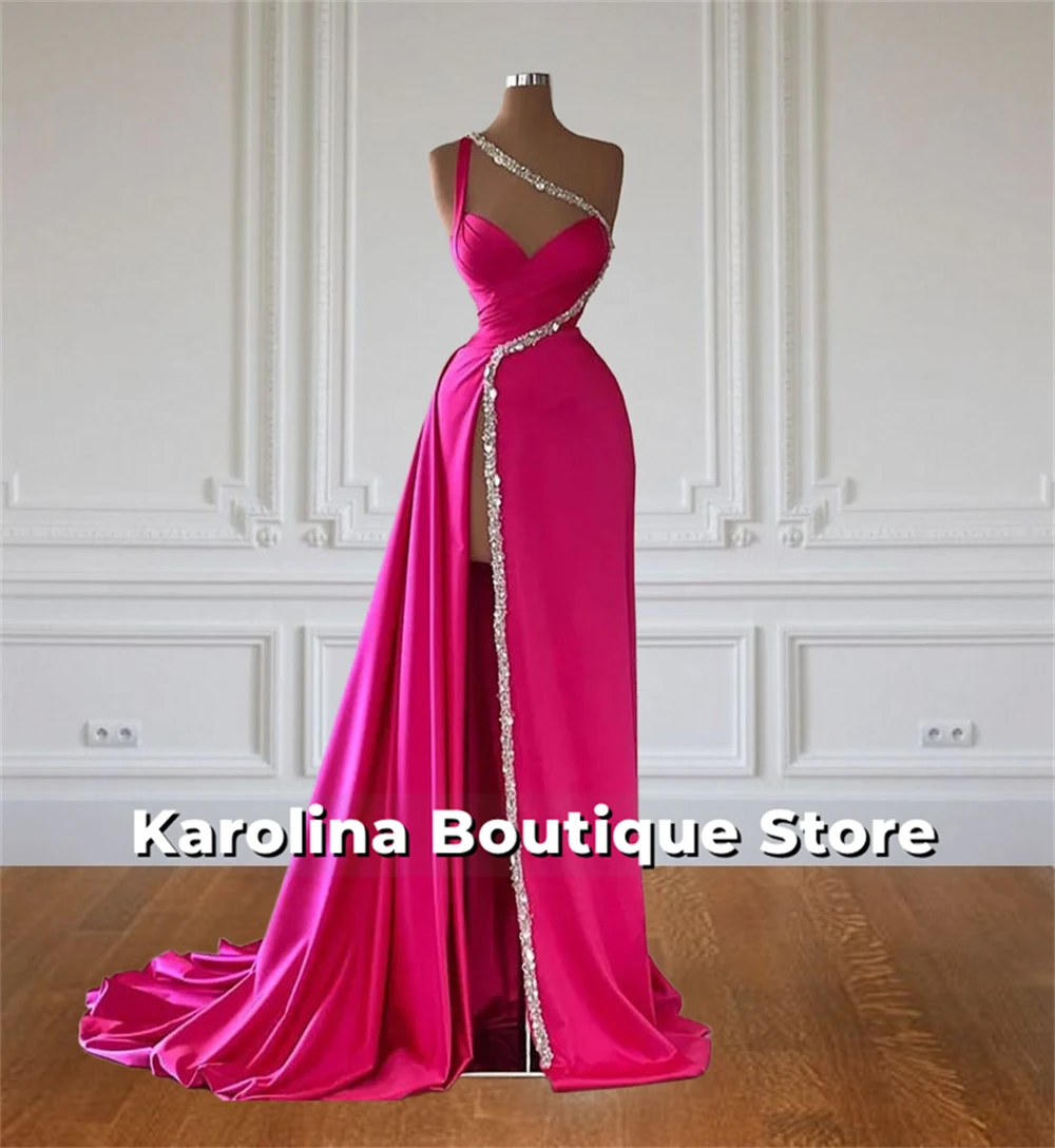 

Exquisite Hot Pink Luxury Evening Dresses 2025 One Shoulder Silvery Crystal Split Mermaid Dubai Cocktail Party Gowns Customized