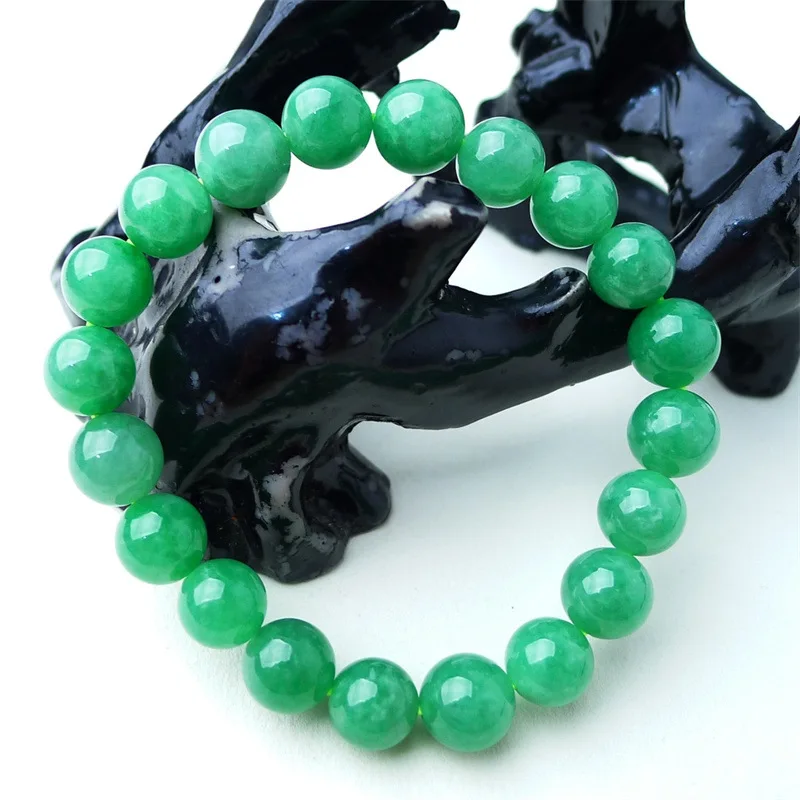 Myanmar Natural a Women's Bracelet Bead Ice-like Floating Green round Beads Jade 26.28G