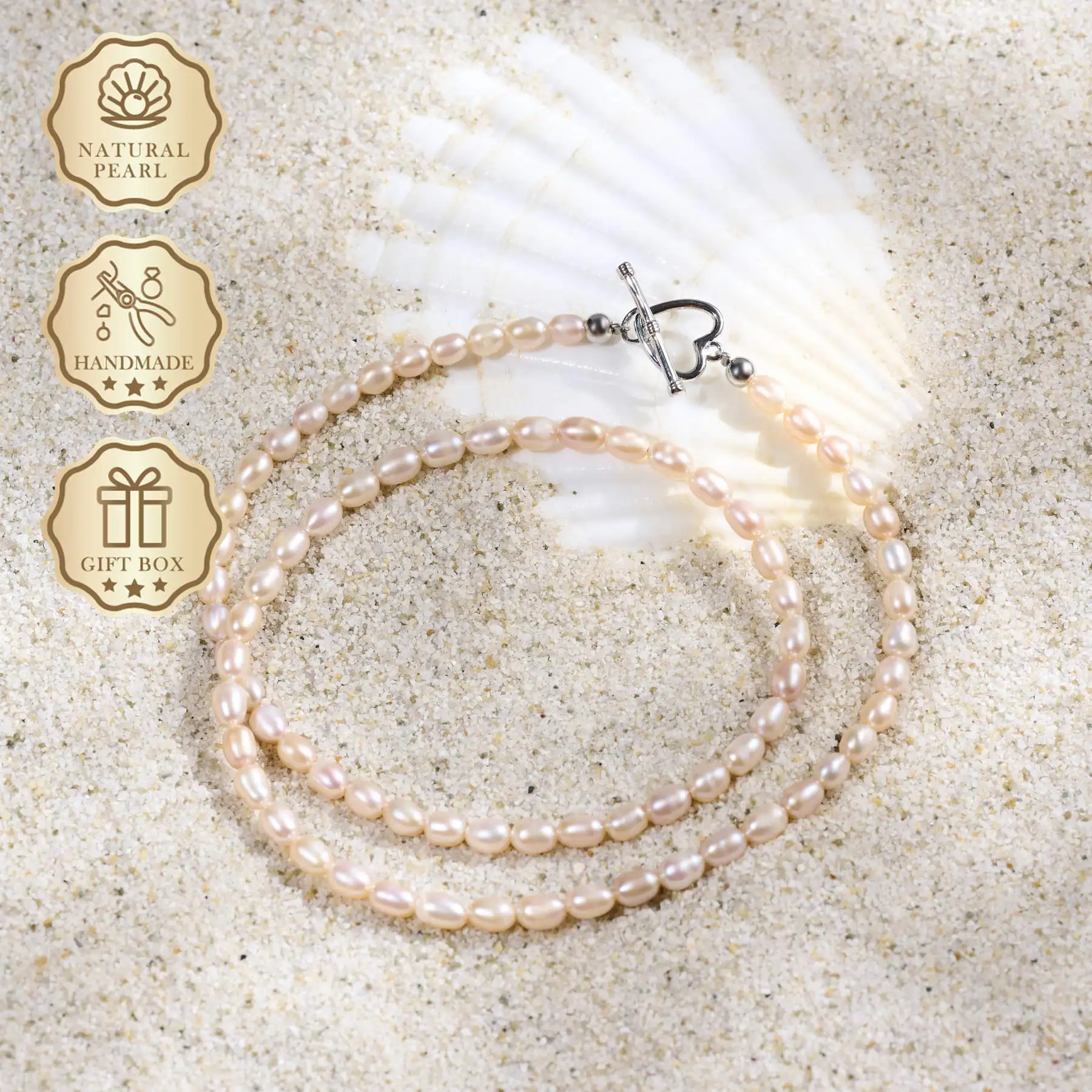 

MYSOYA Pink Rice Freshwater Pearl Necklace 6–7mm with Silver Heart Clasp, Gift Box, Ideal Birthday & Anniversary Gift