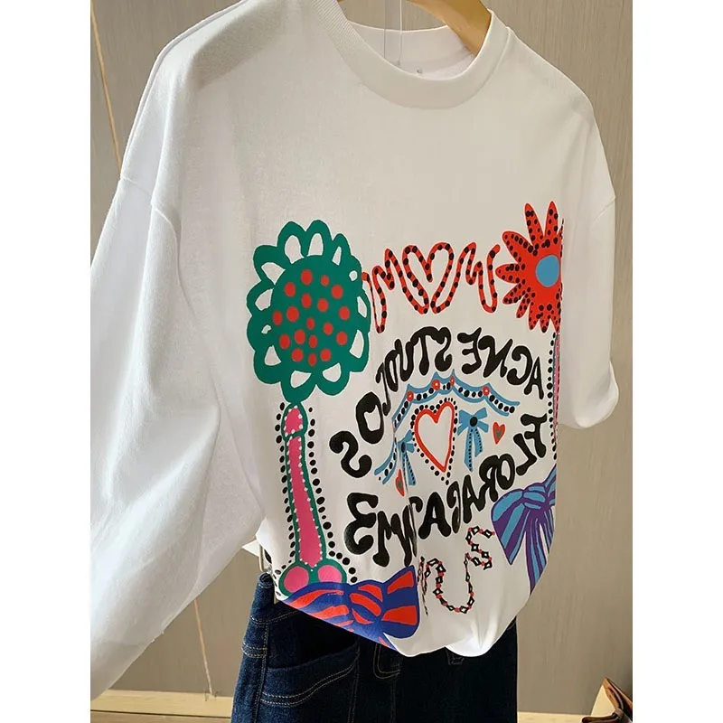 Spring Summer Floral Letter Heart Print round Ne ort Sve T-irt Women's Casual Cotton Top f Sve aphic Tee