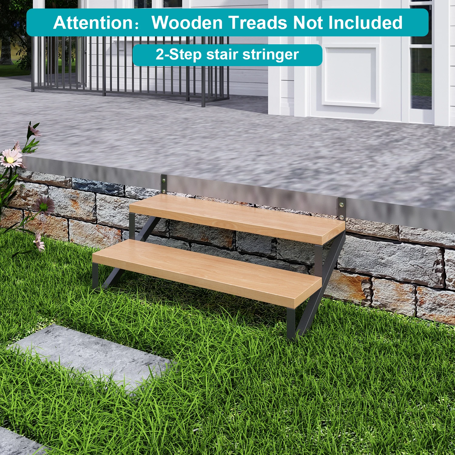 บันไดเหล็ก Stringer 2 Step-2 pcs,เจาะหลุมบันไดเหล็ก Riser สําหรับดาดฟ้าความสูง 20in,Heavy Duty กลางแจ้งขั้นตอน,โหลดสูงสุด Ca