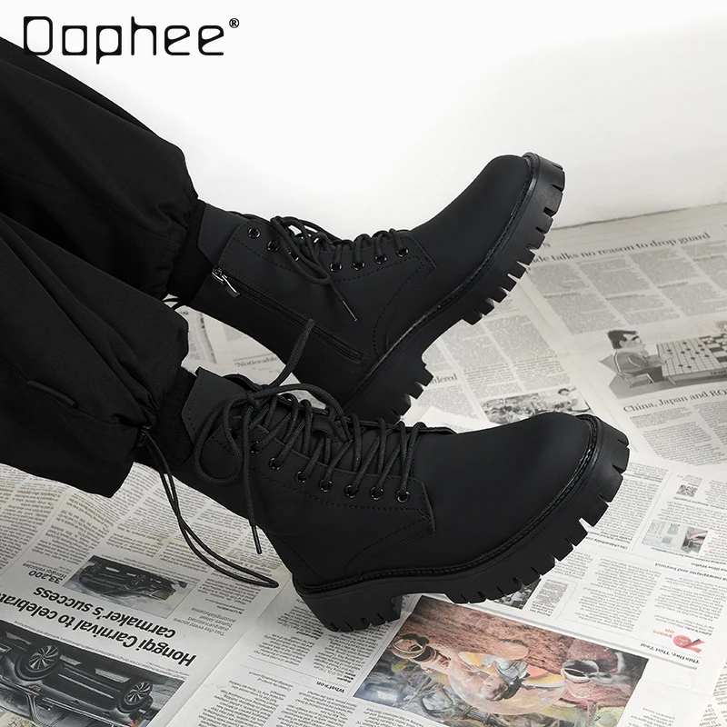 Autumn Winter New British Style Black High-Top Smooth Leather Shoes Men's Motorcycle Height-Increasing Velvet Matte Boots